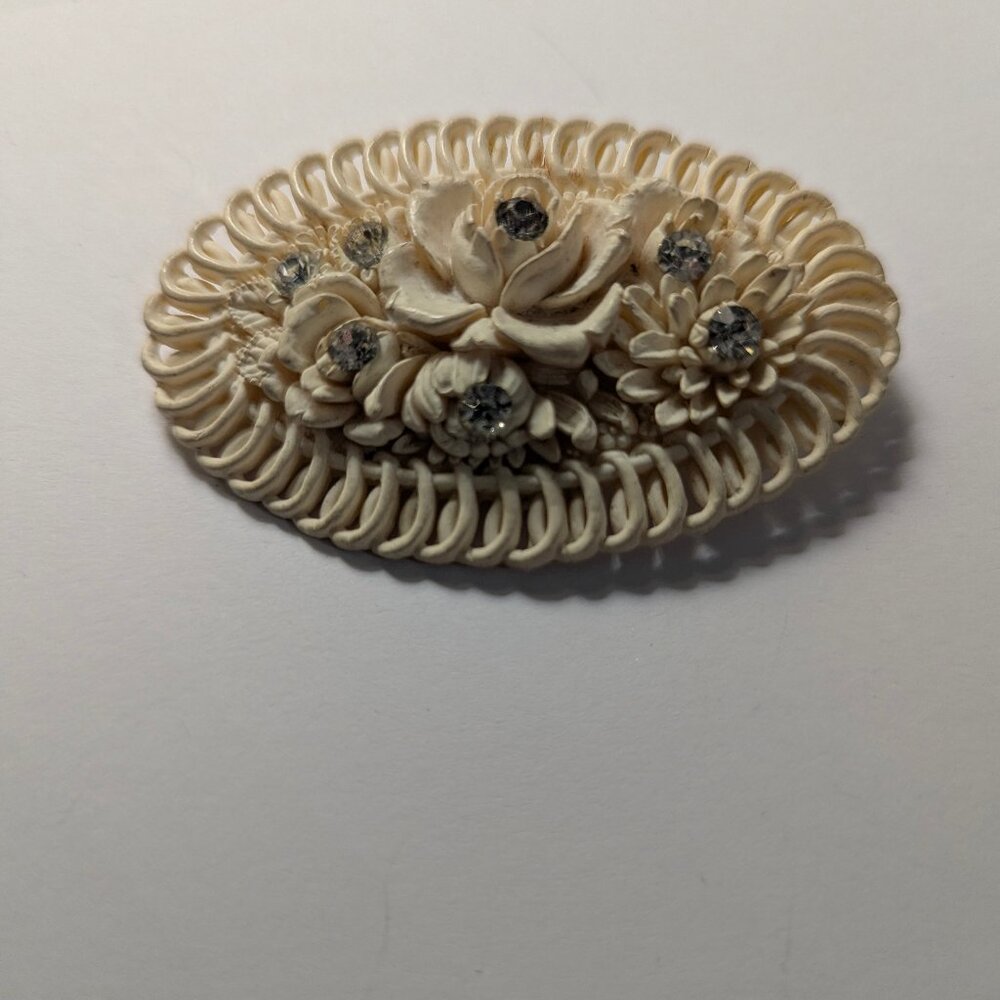 1950s Vintage Carved Celluloid Brooch Unique Design with Crystals Accents Flower